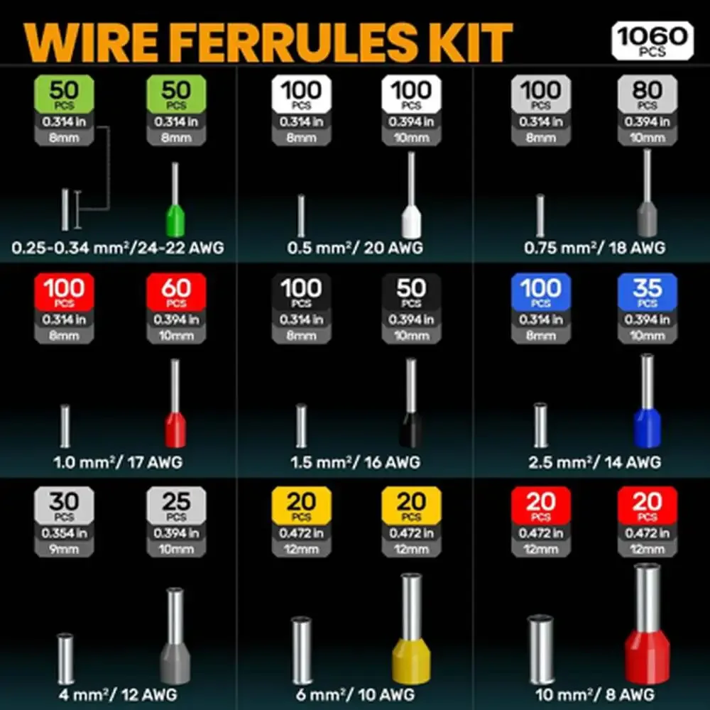 Crimping Tool Kit Wire Ferrules 24 8 AWG Insulated Non Insulated 18 Sizes